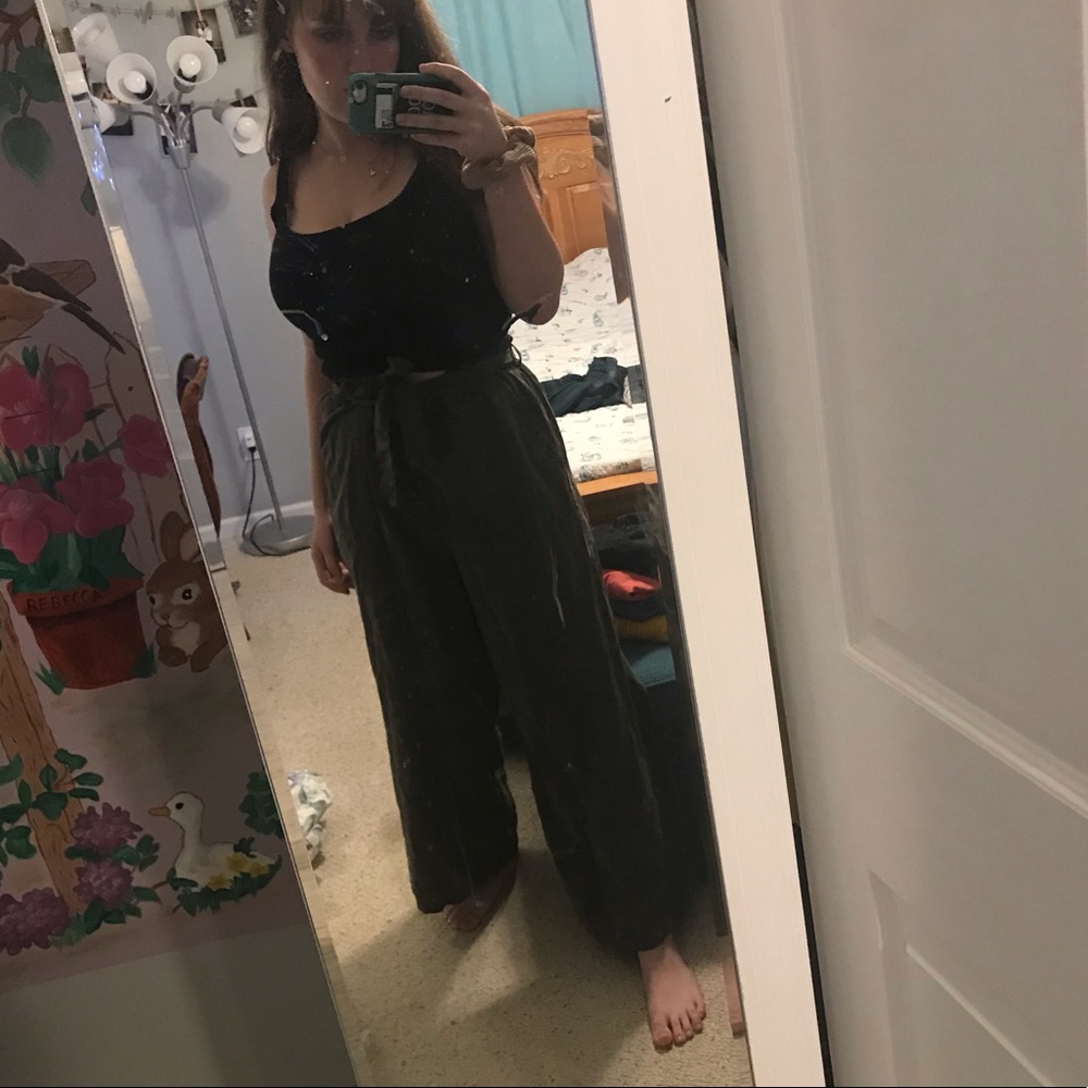 Green cargo style paper bag pants